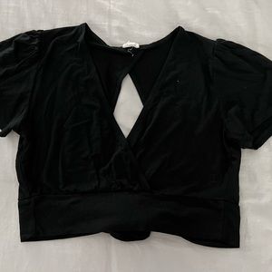 Garage v neck short sleeve blouse with open back in black